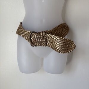 Fossil Leather Belt Metallic Gold Woven Braided Wide Womens Size M Twist Preppy